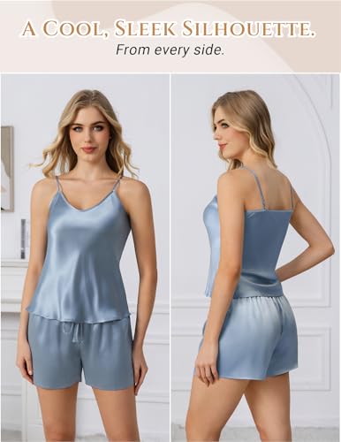 Image of THXSILK 100% Mulberry Silk Women Cami Pajama Set, Tank Top with Shorts Sleepwear, Adjustable Spaghetti Straps, Luxury Pj Set