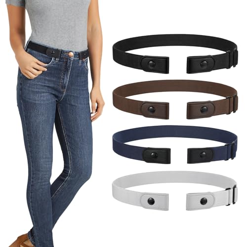 LEACOOLKEY 4 Pack No Buckle Invisible Stretch Belt Buckle-Free Elastic Belt for Women and Men,Black+Coffee+Blue+Gray,Suit for waist size 34-50
