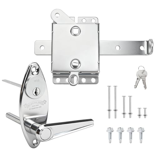 QZATTCAEN Heavy-Duty Garage Door Lock Kit Universal L-Handle with Inside Side Latch Copper Cylinder & Keys Zinc Alloy Handle Complete Hardware Set for Shed Barn Garage Doors 3 Sizes Screws-1 Set