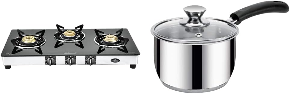 Sunflame GT Regal Stainless Steel 3 Burner Gas Stove, Black & IRIS Belly SAUCEPAN-14 cm (1.4Ltr) with Glass Lid (IB) Combo