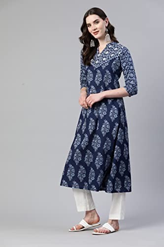 Image of Vbuyz Women's Paisley Print with Embroidery A-line Cotton Stitched Kurta