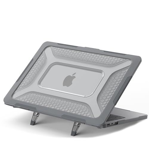 Image of ProElite Case for MacBook Air 13.6 inch 2022 2023 2024 2025 Release M5 /M4 /M3 A3113 M2 A2681 with Touch ID,Heavy Duty Honeycomb Hard Shell with Slim TPU Bumper and Fold Kickstand, Grey