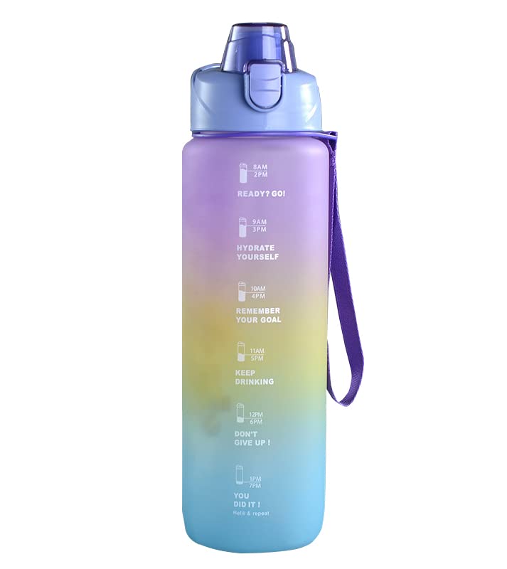 House of Quirk Plastic 1 liter Water Bottles With Time Markings, Bpa Free, Leak Proof, Measures How Much Water You Drink, Stylish Strap, Motivational Sports Water Bottle (Purple/Yellow/Green) (B0C65R4LLM) Amazon Price History, Amazon Price Tracker