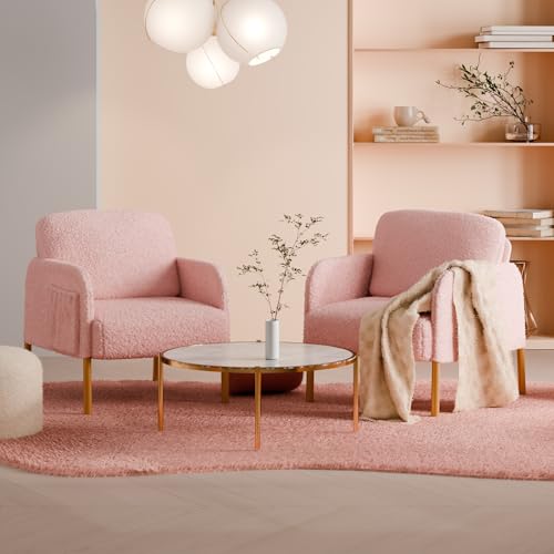 Mondeer Sessel, Einzel Loungesofa mit Seitentasche mit Metallbeinen Gemütlicher Kunstlammfell Stoff Modern, für Wohnzimmer Schlafzimmer Arbeitszimmer, 63 x 75 x 75 cm, Rosa