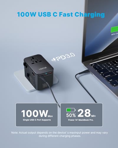 Image of Universal Travel Adapter, VINTAR 100W GaN International Power Adapter with 3 USB C PD and 1 USB A QC, All in One Plug Adapter, Travel Adapter Worldwide for EU /UK /USA /AUS(Type C /G /A /I)