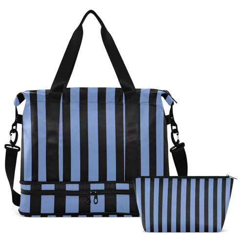Black Blue Stripes Gym Bag for Women Sport Travel Duffel Bag Shoulder Weekender Overnight Bags with Wet Pocket & Shoe Compartment2