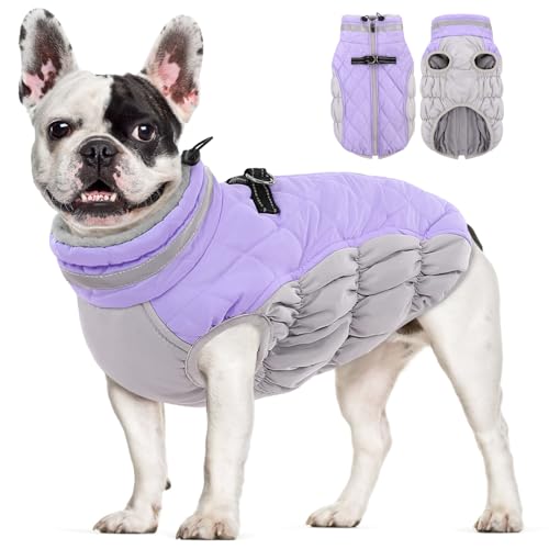 Image of AOFITEE Dog Coat, Warm Dog Jackets for Small Dogs, Dogs Winter Coat with Harness Built in, Reflective Pet Winter Jacket, Waterproof Windproof Puppy Puffer Jacket Fleece Vest, Lilac XS