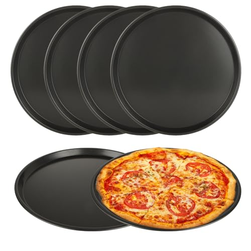 AKOLAFE 6 Pack Pizza Tray 12 Inch Non Stick Pizza Pan for Oven 32 cm Round Black Pizza Baking Tray Oven Trays, Dishwasher Safe