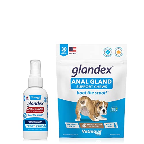 Glandex Medicated Spray For Dogs & Cats (4Oz) And Glandex Anal Gland Support Chews 30 Ct Bundle Dog Deodorizing Spray & Anti-Itch Spray For Dogs, Dog Treats With Probiotics #TOP12