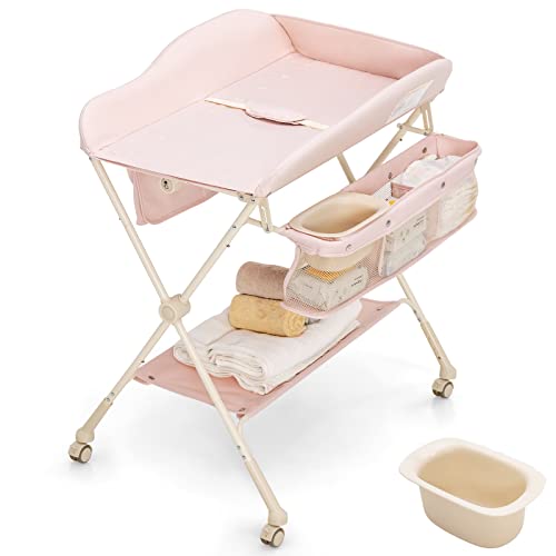 Image of INFANS Baby Changing Table with Wheels, Portable Folding Diaper Station Nursery Organizer with Storage Basket, Hanging Rack, Adjustable Height, Safety Belt for Newborn Infant (Pink)