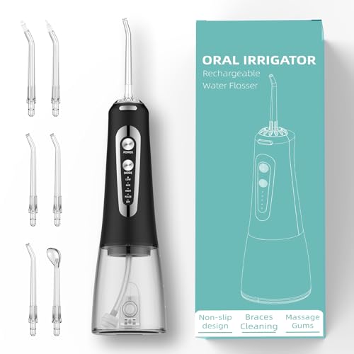 Irrigador dental inalámbrico, limpiador dental eléctrico, 5 modos y 300 ml, ganador de la prueba del irrigador bucal con 6 puntas de chorro, ducha dental portátil para eliminar restos de comida y
