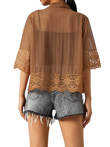 Image of Women Casual Lace Crochet Cardigan Short Sleeve Sheer Cover Up Jacket Ruffle Open Front Blouse Tops Summer Kimono Cardigans