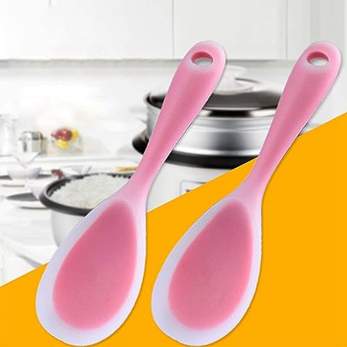 Image of Baskety Non-Stick Rice Spoon Silicone Ladle Soup Spoon with Handle for Dining Table 22.5 x 7 Silicone Rice Paddle Spoon cm (Pink)