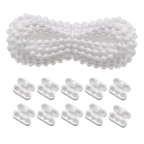 10 M Chainette Store Enrouleur, Blanc Chaîne de Rechange pour Store Enrouleur, Cordon de Chaîne à Perles avec 10 Pièce Connecteurs pour Stores Verticaux