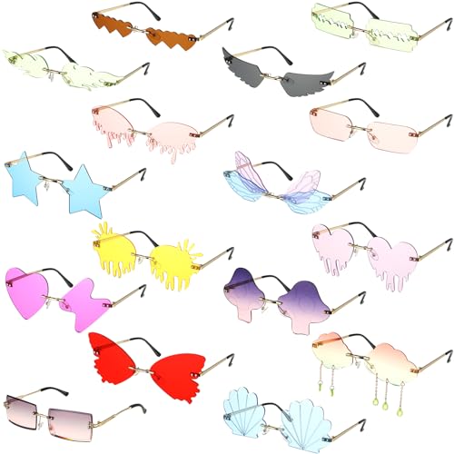 16 Pcs Irregular Rimless Sunglasses Rectangle Star Cloud Flame Butterfly Shaped Heart Sunglasses Frameless Disco Glasses Party Favors Photo Props for Women Men Costume Unisex