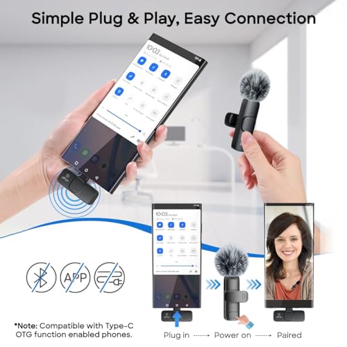 Image of pTron KWM-1 Omnidirectional Type C Wireless Microphone w /DSP Noise Cancellation, Plug & Play, 25m Wireless Range, Lapel Wireless Collar Mic for Video Recording, Supports Type C Android, iPhone(Black)