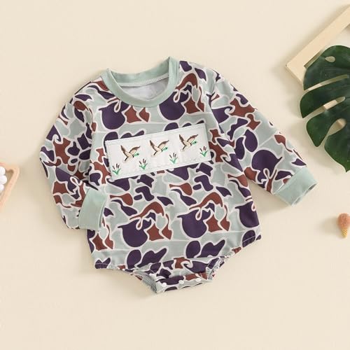 BULINGNA Newborn Baby Boy Duck Hunting Outfit Mallard Duck Bubble Romper Oversized Sweatshirt Onesie Fall Winter Clothes (Camouflage, 3-6 Months)