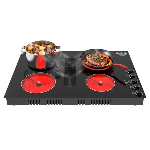 30 Inch Electric Cooktop with Downdraft: 4 Burner 220V Electric Stove Top with 10 Power Levels, Safety Lock - 6000W Built-In Cooktop for Kitchen Island
