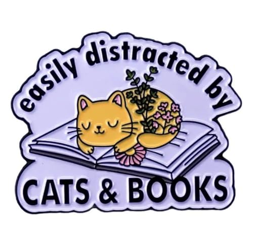 Easily Distracted By Cats And Books Enamel Pin Animal Pet Reading Brooch Badge Lapel Pin Cat Kitty Animal Brooch Cat Lover Gifts for Clothes Bags Backpacks