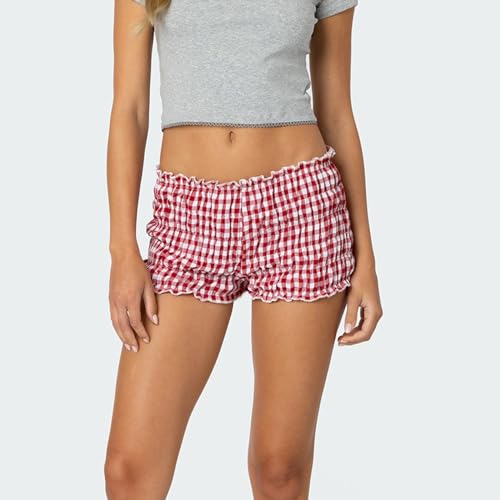 Women Plaid Ruffled Boxer Shorts Gingham Low Rise Bloomers Y2k Micro Pajamas Shorts Casual Mini Pj Bottom Shorts4