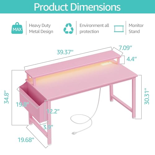 Image of Lufeiya Girls Desk with Power Outlets and LED Lights, 40 Inch Gaming Desk Table with Charging Station, Home Office Computer Desks with Monitor, Pink