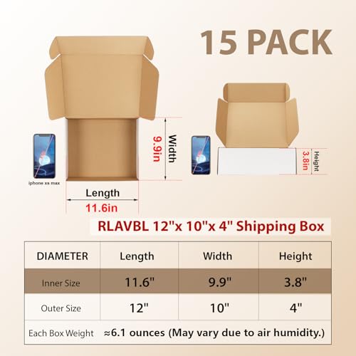 Image of RLAVBL 12x10x4 Shipping Boxes Set of 15, White Corrugated Cardboard Mailer Box for Packing, Mailing, Business