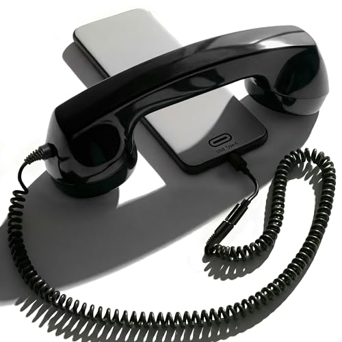 Opis Technology 60s Micro Retro Phone Handset for Smartphones, Corded Receiver with 3.5 mm Plug and USB-C Adapter, for Android, Tablets and Computers (Black)