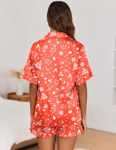 Image of Ekouaer Satin Pajama Set for Women 2 Piece Pj Sets Short Sleeve Sleepwear | Super Soft Silky Summer Loungewear Set with Ruffle Short Sleeve Top and Pocket Shorts, Casual Travel Daily Gift