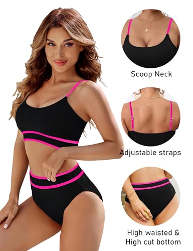 Image of BMJL Women's High Waisted Bikini Ribbed Two Piece Swimsuit High Cut Color Block Adjustable Straps Bathing Suit