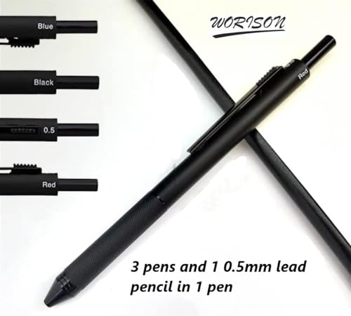 Image of worison 4in1 matte black pen, Metal Cased Multifunction Pen, 0.5mm Mechanical Pencil and Red,Blue, Black Ball pen