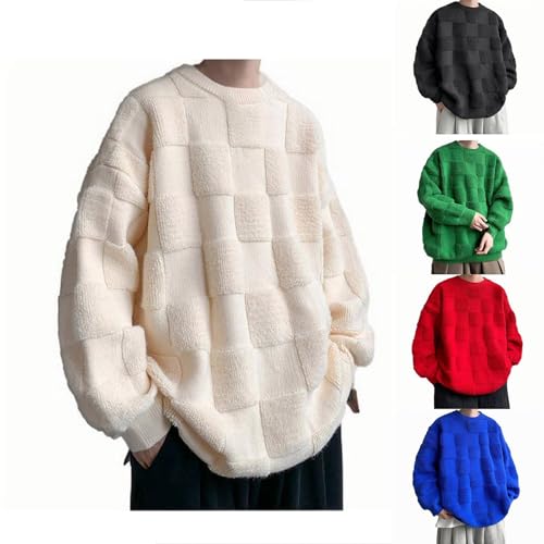 Cambkatl Men's Plaid Texture Oversized Pullover Sweaters, Loose Crewneck Long Sleeve Casual Knitted Winter Sweater Tops2