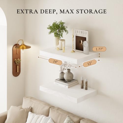 Image of 24 inch Extra Deep Floating Shelves, Set of 2, White Finish | 24 inchL x 12 inchD x 1.8 inchH, Set of 2, Solid Paulownia Wood, Painted White Finish, Hidden Brackets, Hardware Included