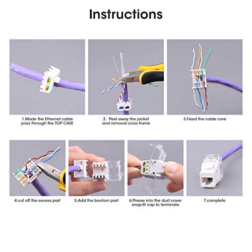 AMPCOM CAT6 Tool-Less RJ45 UTP Keystone Jack, No Punch-Down Tool Required Module Coupler -10 Pack White - Thumbnail 2
