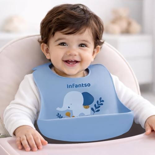 Image of Infantso Silicone Ultra Light Baby Bib for Feeding & Weaning Babies & Toddlers with Food Cather Pocket, Waterproof, Washable, Reusable, Non Messy Easy Cleaning, No Odour, Adjustable Button Neckline