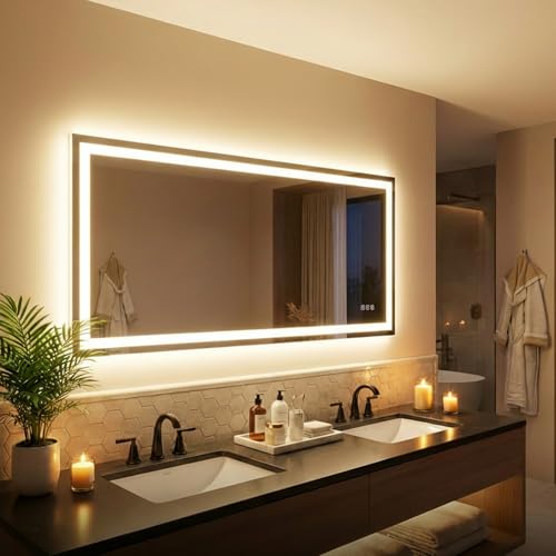 Image of 60 inchx 36 inch LED Bathroom Mirror with Lights, Backlit & Front Lit, Dimmable, Anti-Fog, 3 Colors Led Mirror, Lighted Bathroom Vanity Mirror for Wall, Tempered Glass, Memory Function,Shatter-Proof