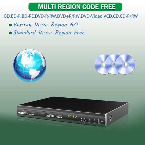 Image of Blu Ray DVD Player, WISCENT Full HD 1080p Home Theater Disc System, Region A /1 Blu-Rays,HD Blu-Ray DVD Player for TV with Coaxial Audio /HDMI /AV /Output, USB Input, Built-in PAL NTSC