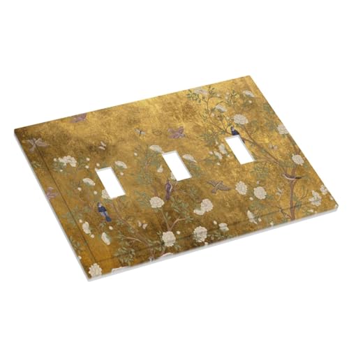 Decorative Switch Plate Covers Vintage White Flowers Birds on Golden Background 3 Gang Light Switch Cover Plate Triple Toggle Wall Plate Light Switch Covers for Bedroom Home Decor