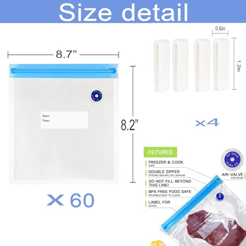 Sous Vide Bags 60pcs Reusable Vacuum Sealer Bags with 4 Sealing Clips, Reusable Vacuum bags for Food Storage and Sous Vide Cooking (8.2x8.7 Inch)