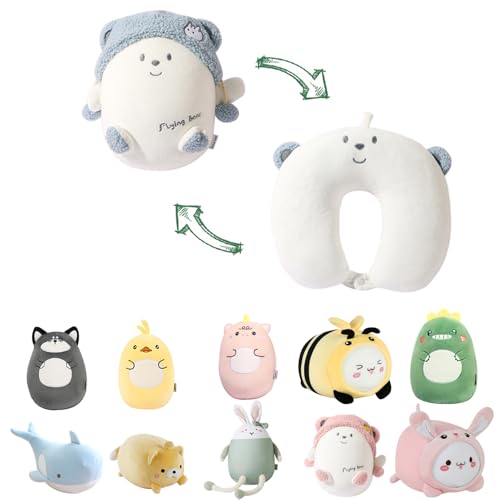 Image of Kids Travel Pillow - 2-in-1 Deformable Kids Neck Pillow for Traveling, Soft U-Shaped Pillow with Adorable Animal Design, Comfy Sleep and Play, Ideal for Airplanes and Cars - Blue Bear