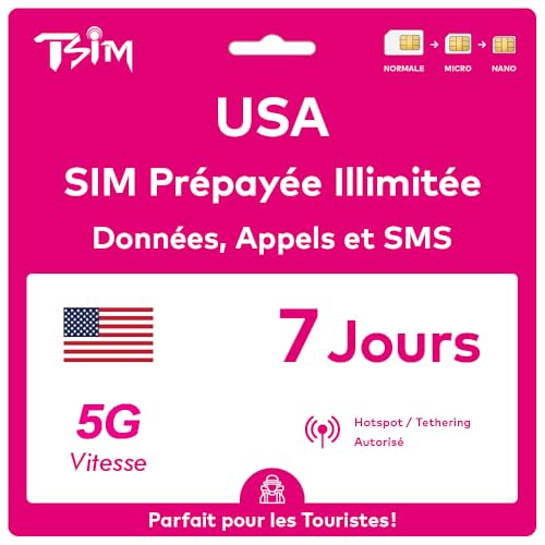 Carte SIM USA 7 Jours. Réseau T-Mobile avec données illimitées à Haute Vitesse en 5G/4G/LTE | Appels et SMS locaux illimités aux USA (Hawaï Inclus)....