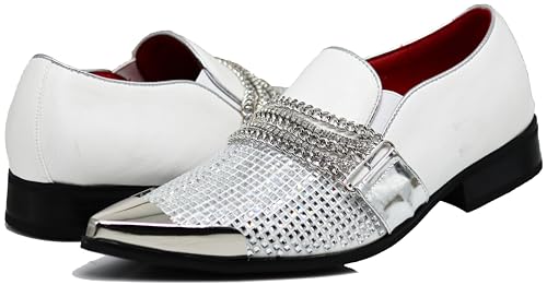 Image of Enzo Romeo Crisino Men Rhinestone Chrome Toe Suede Pointy Buckle Dress Loafer Slip On Shoes