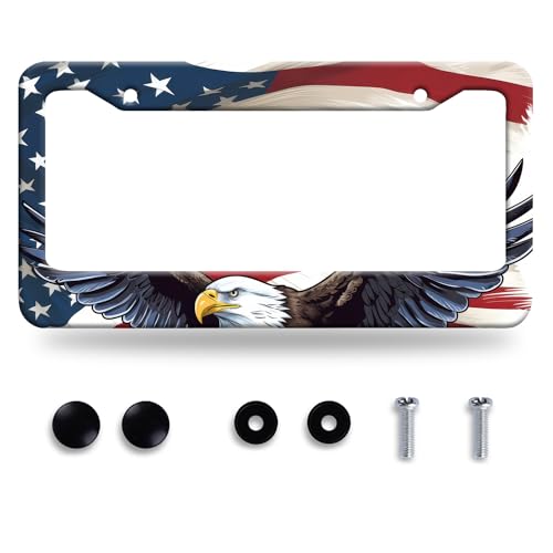 American Flag Eagle License Plate Frame Patriotic Eagle License Plate Colorful Stainless Steel Auto Parts Funny License Plate Decoration with Screws Size 12.3 x 6.3