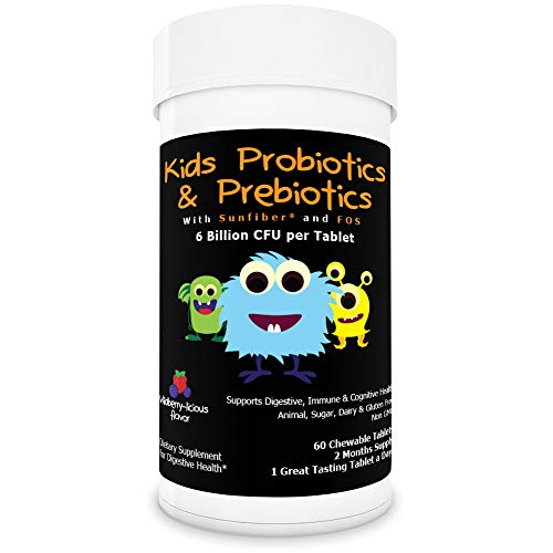 6 Billion CFU Kids / Children's Probiotics with Prebiotics, Sunfiber and Fos, for 10x More Effectiveness. One A Day Great Taste Chewable Probiotic, 2 Months Supply Per Bottle