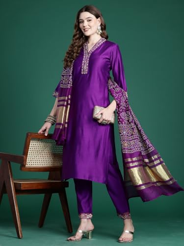 Image of INDO ERA Silk Women's Liva Solid Straight Kurta and Pant with Dupatta Set (KH1PR9632)