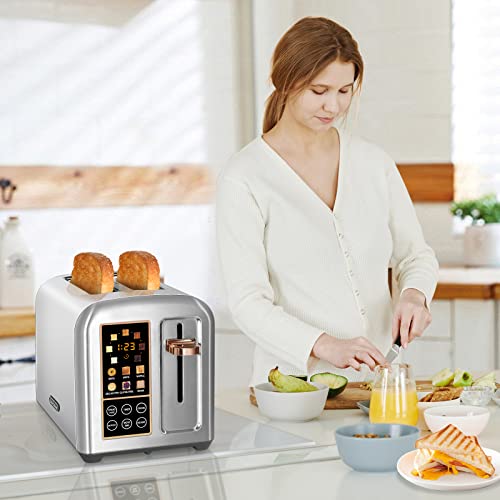 Seedeem Toaster 2 Slice, Stainless Steel Bread Toaster With Lcd Display And Touch Buttons, 50% Faster Heating Speed, 6 Bread Selection, 7 Shade Settings, 1.5''Wide Slots Toaster With Cancel/Defrost/Reheat Functions, Removable Crumb Tray, 1350W, Silver Metallic #TOP6