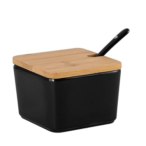 Pullmer Zuccheriera in ceramica con coperchio in legno di bambù e cucchiaio da zucchero, zuccheriera (quadrato nero)