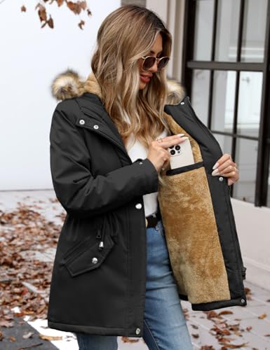 UMIPUBO Women's Coats Winter Parka Coat Warm Waterproof Jacket Fleece Lined Faux Fur Hooded Coat Long Sleeve Overcoats Zip Up Windproof Thick Trench Coats Outerwear (Black, L) - Image 7