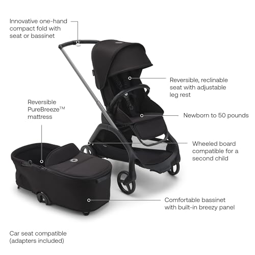 Image of BugaboBugaboo Dragonfly City Stroller - 2-in-1 Full-Size Bassinet & Toddler Seat - One-Hand Fold, All-Terrain Suspension, Large Storage Basket, Urban Lightweight Stroller with Sun Canopy - Dark Cherry