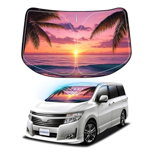 BLUESEATEC 日産 エルグランド 52系 適合 フロントガラス サンシェード 3代目 ELGRAND H22.8-現行 UVカット 吸盤不要 車中泊 遮光断熱 夏 紫外線 UVカット 簡単着脱 内装パーツ 車種専用設計 折り畳み式 収納袋付き