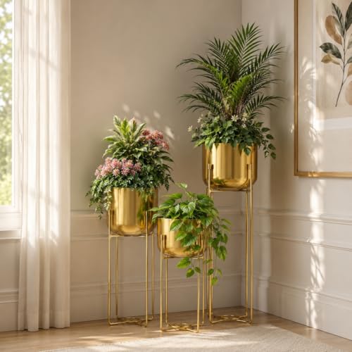 Image of Gold Metal Planters Set of 3 with Stands, 16 /19 /24.5 Inch Tall Decorative Indoor Plant Pots for Living Room, Balcony & Office